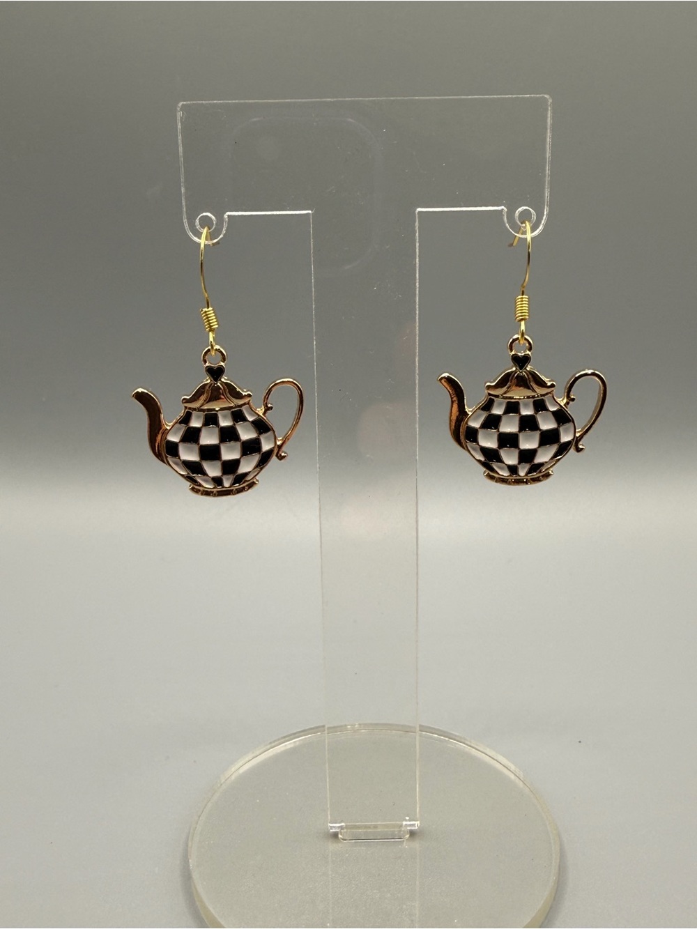Vintage-Inspired Black and White Check Teapot Dangle Earrings - Handmade #E0456C